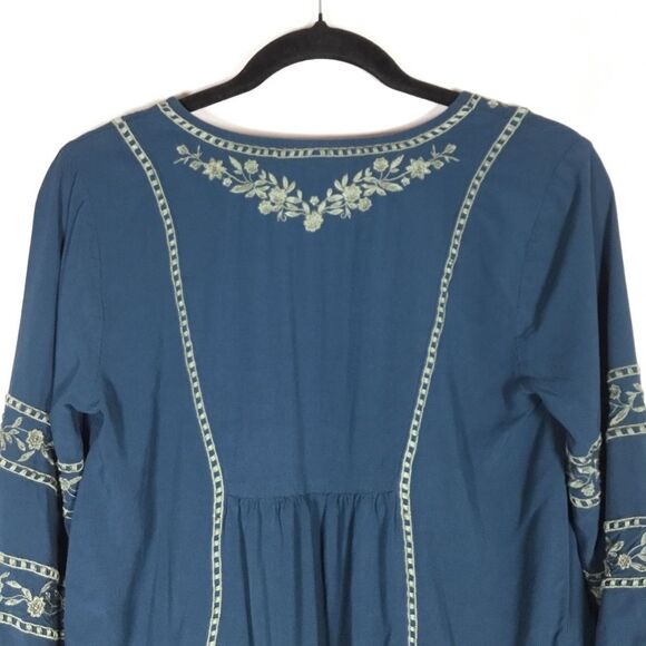 Teal green long sleeve top light sage green embroidery hippie boho XS petite - Picture 4 of 7